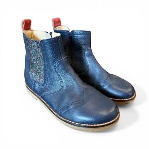Mini Boden Blue Leather Chelsea Boots Glitter Panel Kids EU 34 US 2